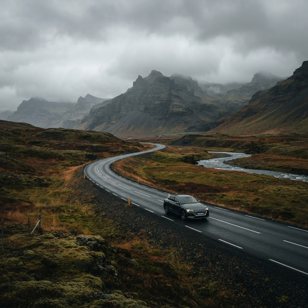A car driving along an open road through dramatic Icelandic mountain scenery