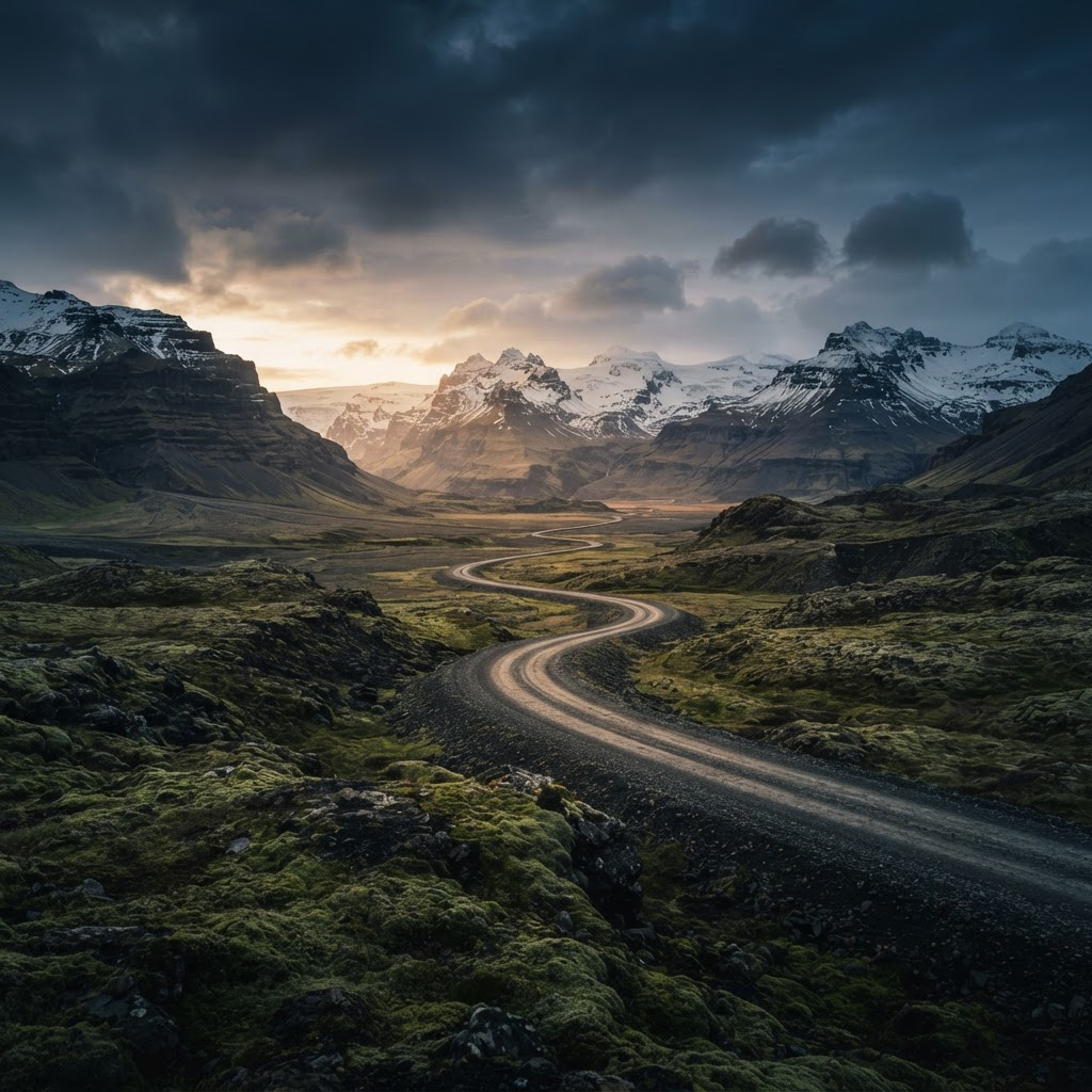 Remote gravel road winding through an Icelandic valley toward snow-capped mountains at golden hour